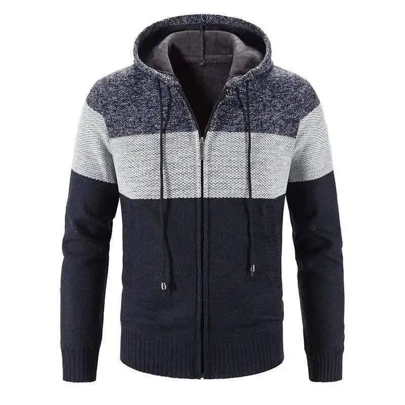 Men Sweater Thick Zipper Wool Sweaters Hooded Stripe Coat-Black-1