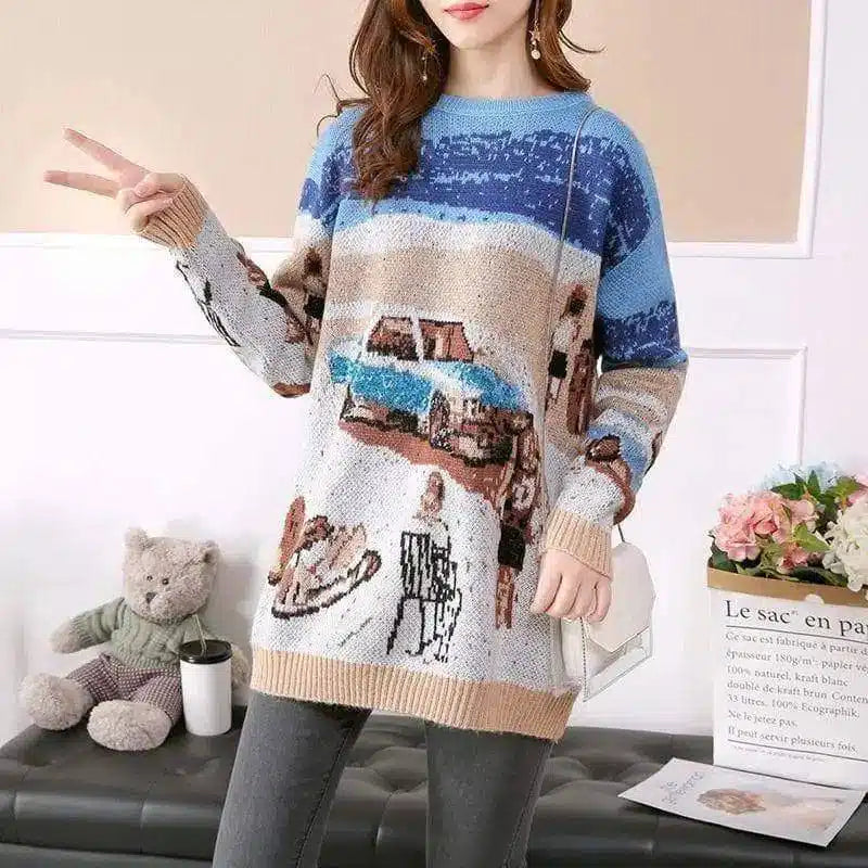 Mid-length sweater skirt-Blue-1