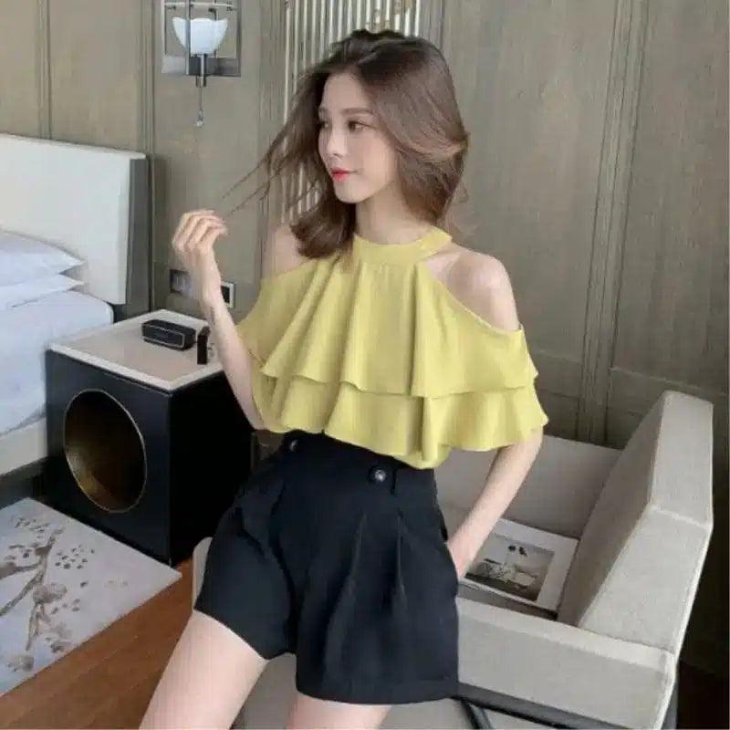 LOVEMI - Lovemi - Off-Shoulder Ruffled Short-Sleeved Chiffon Shirt