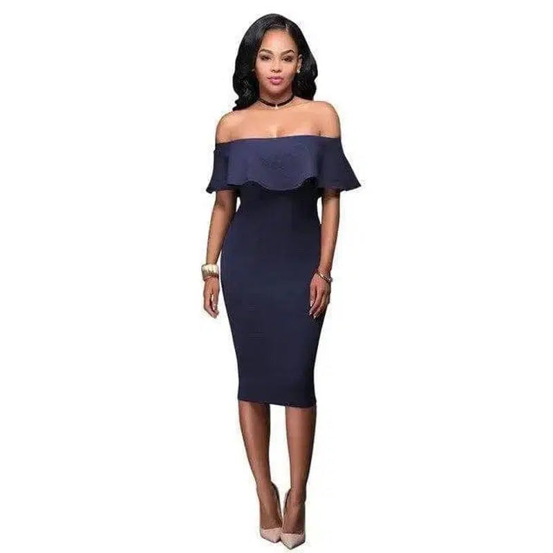 Off Shoulder Ruffles Dress-Navy-16