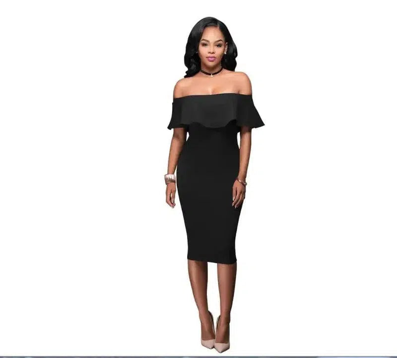 Off Shoulder Ruffles Dress-Black-17