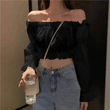 Off-Shoulder Crop Top with Long Sleeves-Black-3