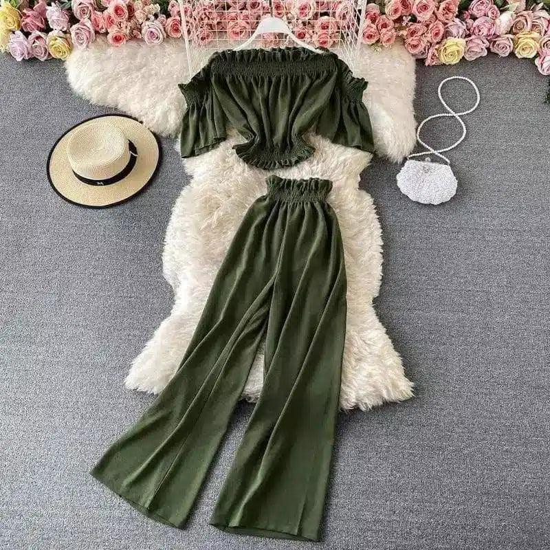 Off-Shoulder Top & Wide-Leg Pants Set-Green-3