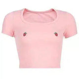 LOVEMI - Lovemi - Open-neck strawberry embroidered T-shirt