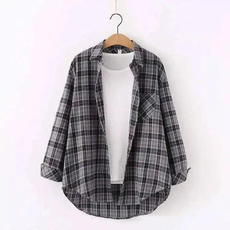 Plaid Cotton Casual Shirt with Pocket-Grey-1