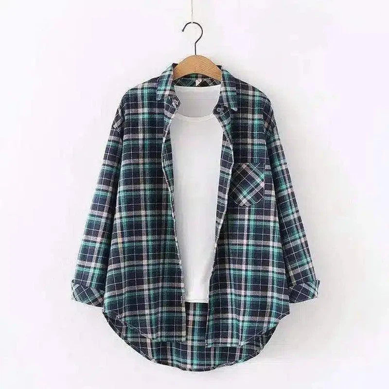 Plaid Cotton Casual Shirt with Pocket-Green-4