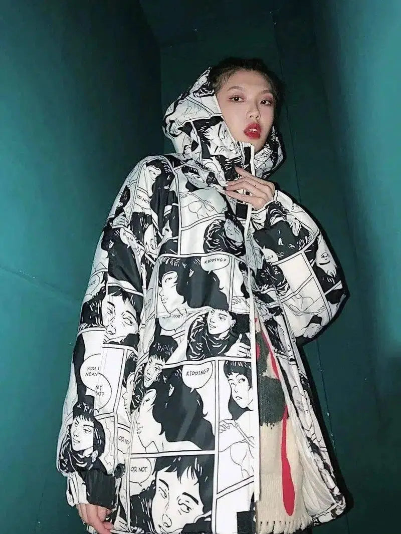 LOVEMI - Lovemi - Portrait comic print coat hooded cotton jacket