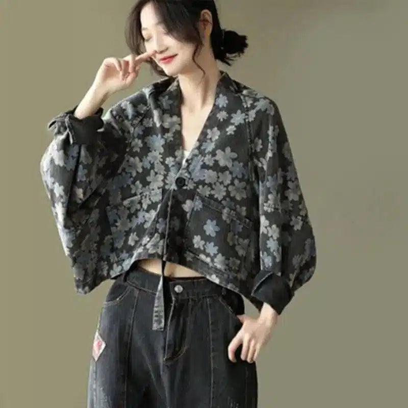 LOVEMI - Lovemi - Printed Denim Short Jacket Ladies Loose Bat Sleeve