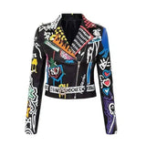 Printed Hit Color Jacket Motorcycle Leather Jacket Women's-Black-1