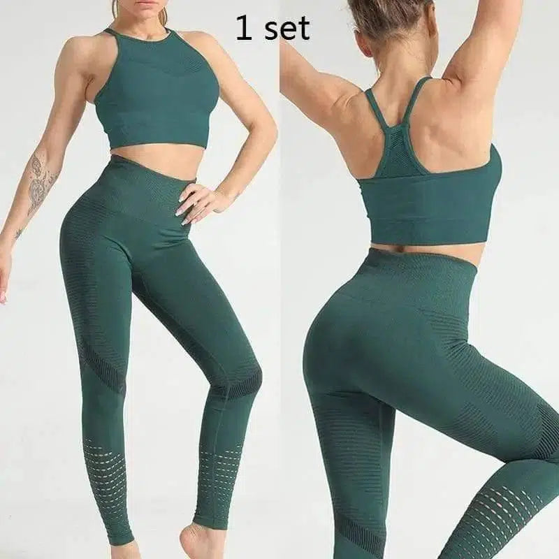 Quick-drying Breathable High-waist Tight Yoga Pants-Green1 set-16