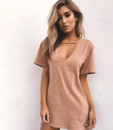 deep V short-sleeved T-shirt loose casual dress-Nudecolor-33