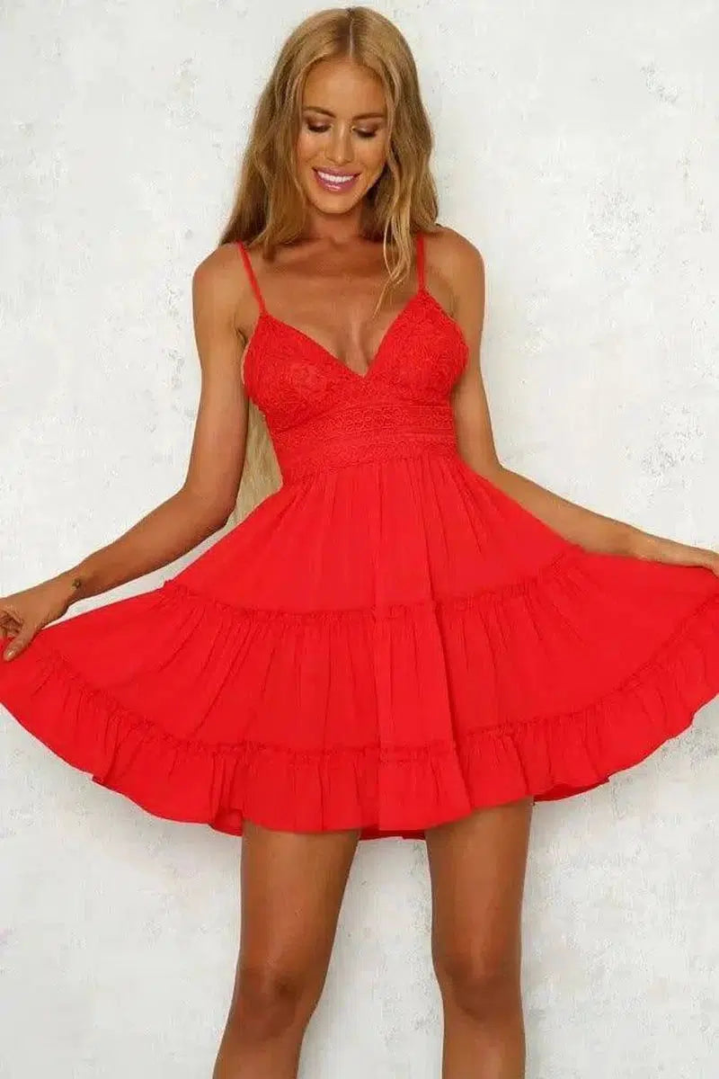 lace sling stitching bow princess dress-Red-22