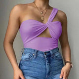 One-Shoulder Fitted Women's Top-Purple-4