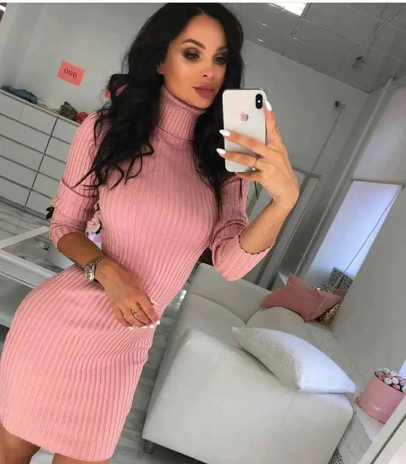 Turtleneck Slim Long Sleeve Dress-Pink-10