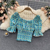 Women's Floral Ruffle Trim Smocked Blouse-Blue-2