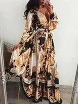 Slit Dress Printed V-neck Pullover Long Skirt-Picture4-20