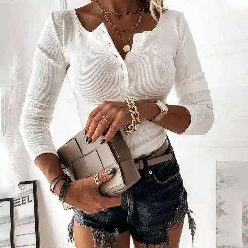 Womens Casual V-Neck Buttoned Knit Top-White-3