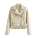 Street Handsome Belt Motorcycle Leather Ladies Jacket-Beige-2