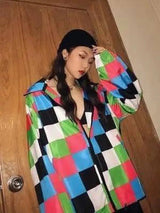 Street Tide brand hip hop color plaid chess loose long-Color grid-2