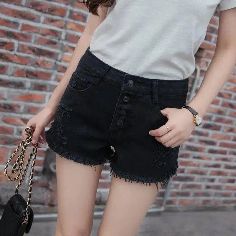 Tassel Cutoff Denim Shorts-Black-16