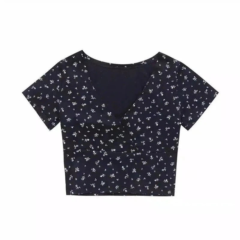 Women's V-Neck Floral Blouses Set-Navy-4