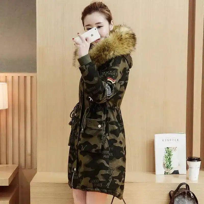 Thickened cotton padded jacket, women's hair collar winter-Camouflage green-1