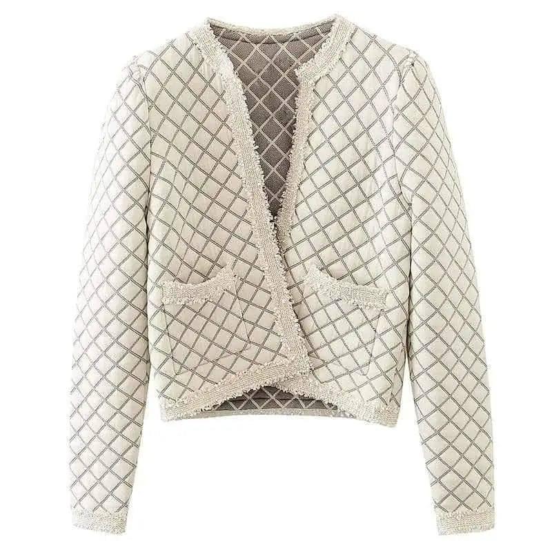 Women's Chic Cropped Tweed Jacket-White-1