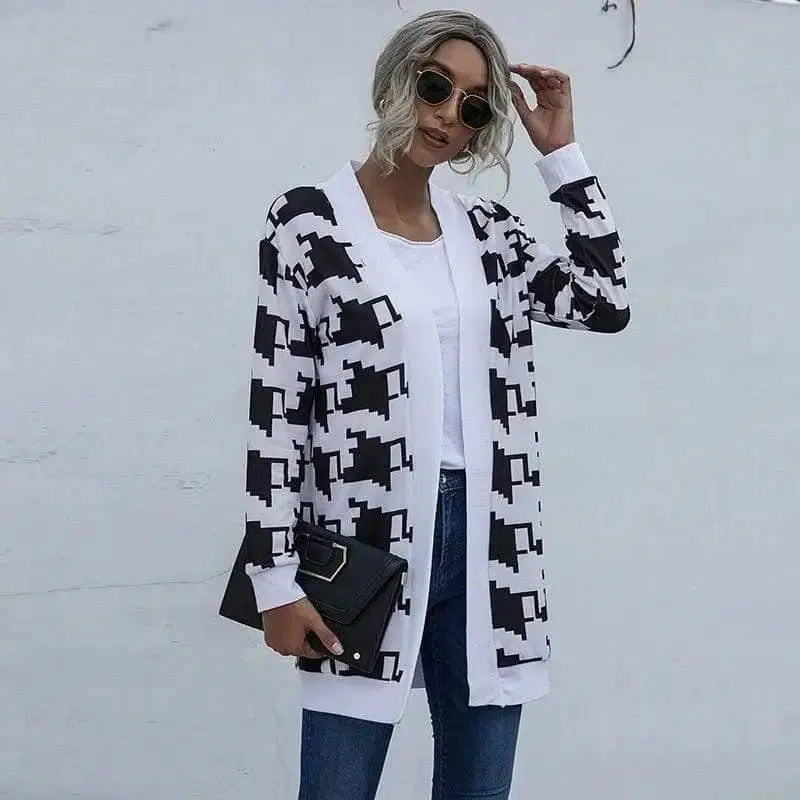 Tie-dye Christmas Leopard Print Knitted Cardigan Jacket-White and black-6