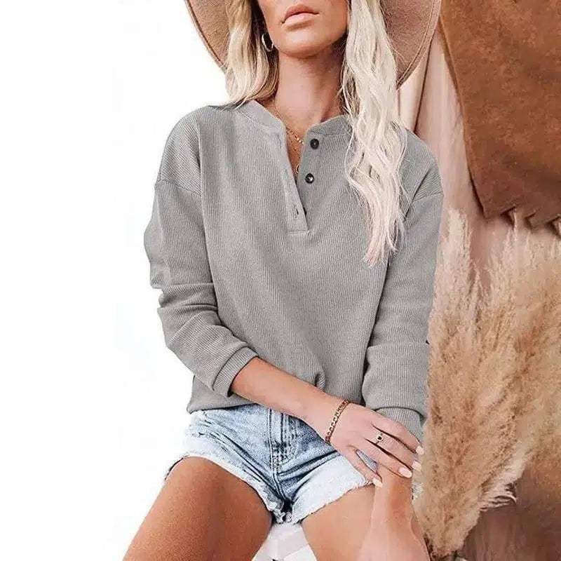 Top Solid Color V-Neck Long-Sleeved T-Shirt Polo Shirt Women-Grey-4