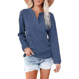 Top Solid Color V-Neck Long-Sleeved T-Shirt Polo Shirt Women-Blue-6