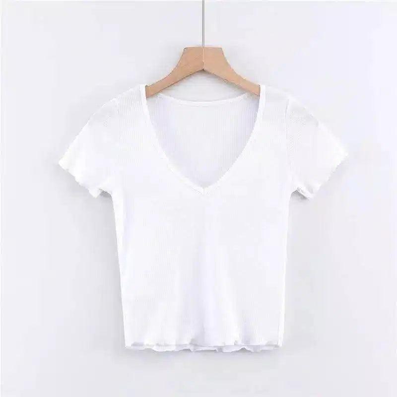 LOVEMI - Lovemi - V-neck Short T-shirt With Wood Ears Simple Solid