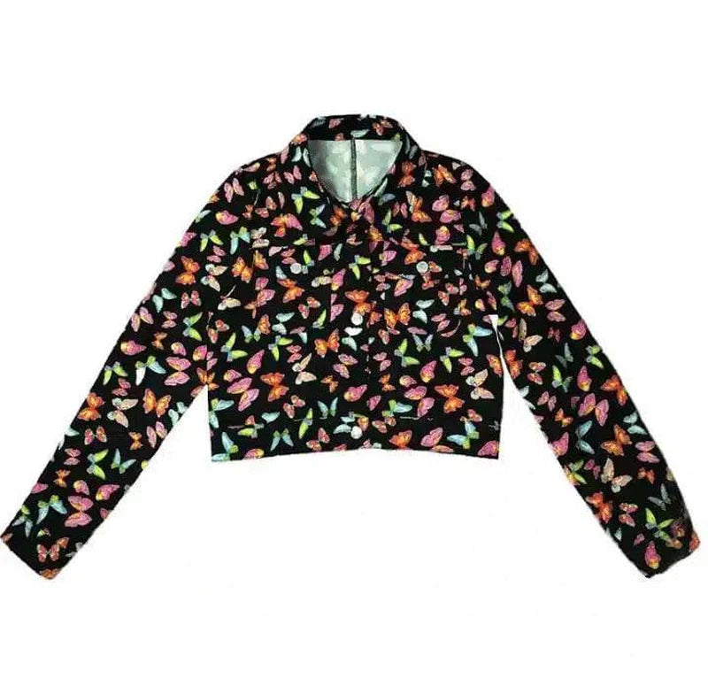 Floral Print Women's Cropped Jacket-Black-1