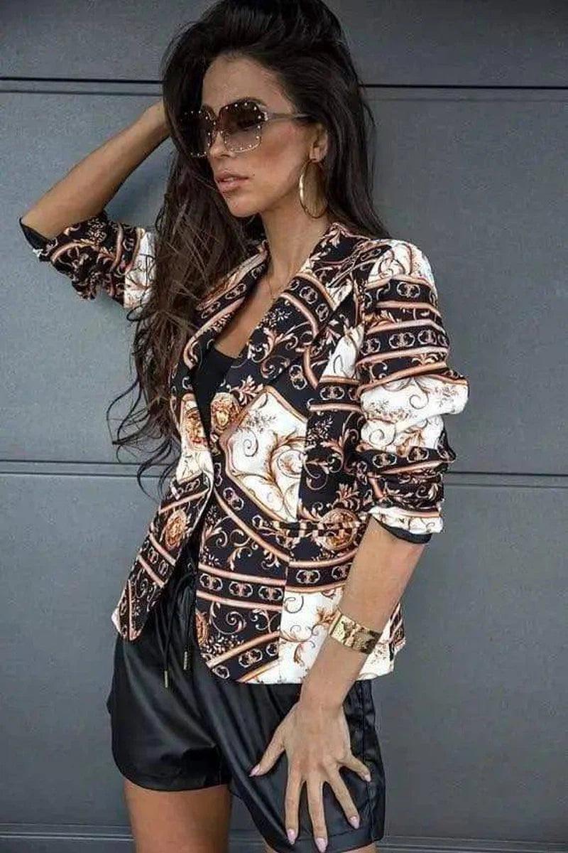 Women's Patterned Blazer and Leather Shorts Set-Black apricot-2