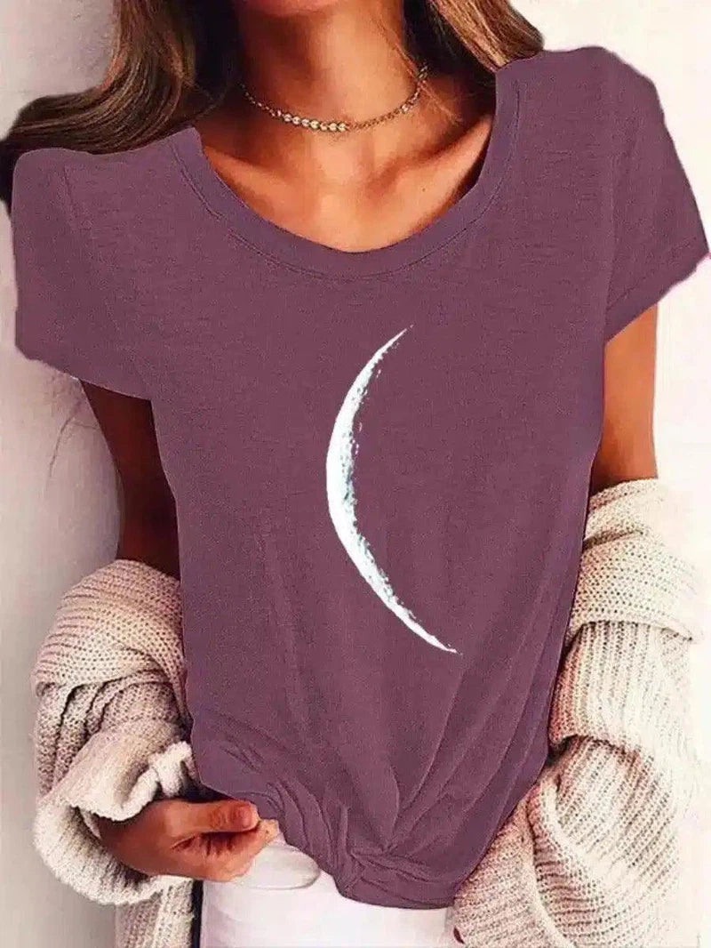 Crescent Moon Print Casual Women's Tee-Fuchsia-10