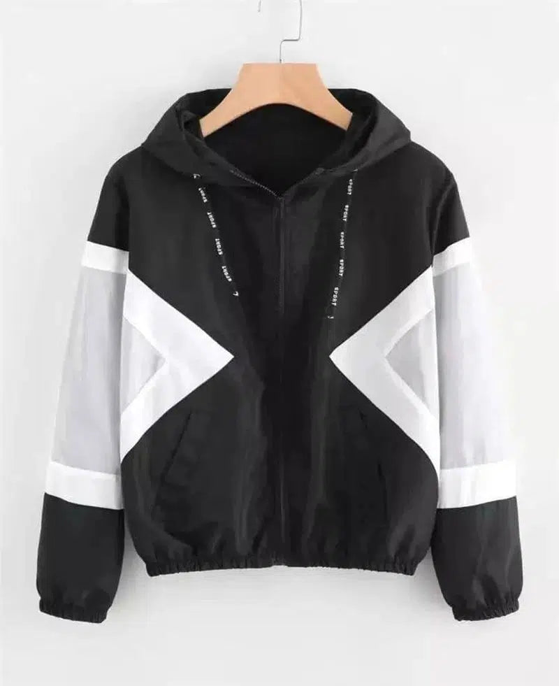 Women's Color Block Elastic Band Waist Hooded Jacket-Black-1