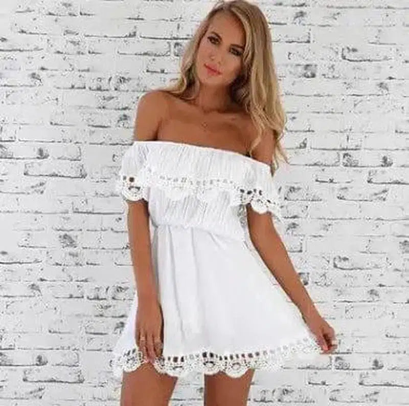 Women's Off Shoulder Lace Dress-White-6