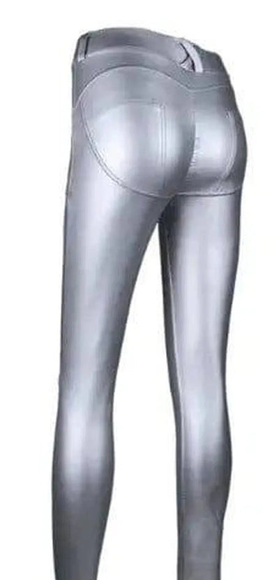 Women's Peach Hip Color High Elastic Leather Pants-Silver-3