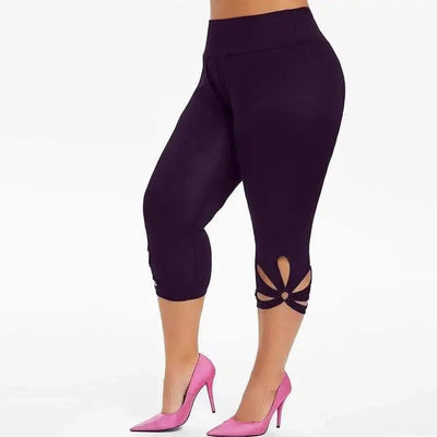 Women's solid color hollowed-out plus-size yoga leggings-Purple-3