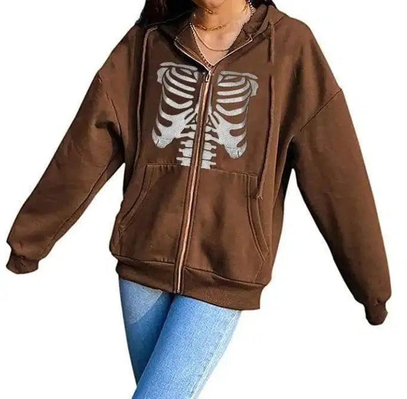 LOVEMI - Lovemi - Women's Streetwear Hooded Jacket Skeleton Print