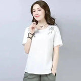 Women's Embroidered Casual T-Shirt-White-3