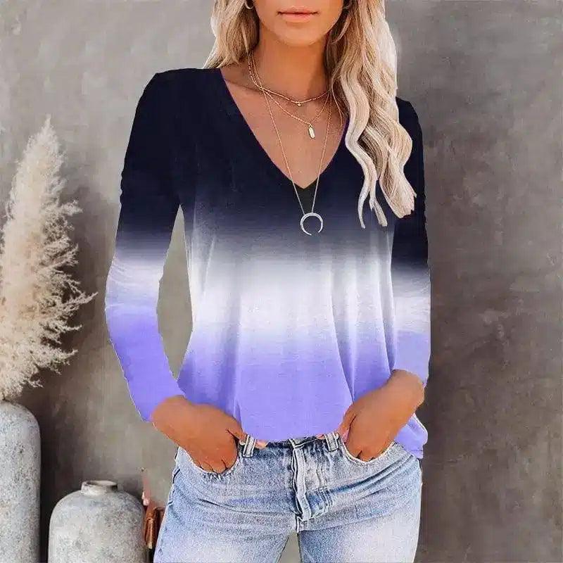 Women's V-Neck Gradient Casual Top-Blue-3