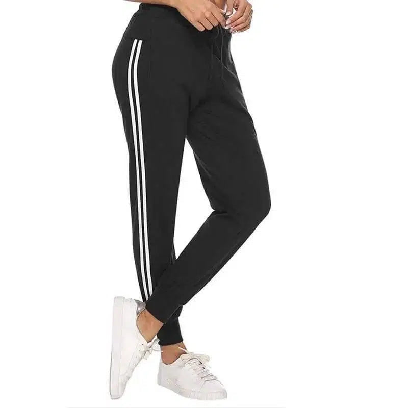 Women's White-Trimmed Two-Bar Sports Leggings-Black-5