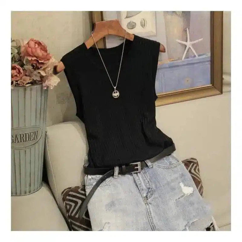 Sleeveless Knit Crop Top for Casual Wear-Black-2