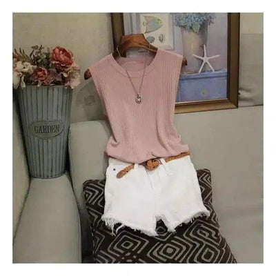 Sleeveless Knit Crop Top for Casual Wear-Pink-4