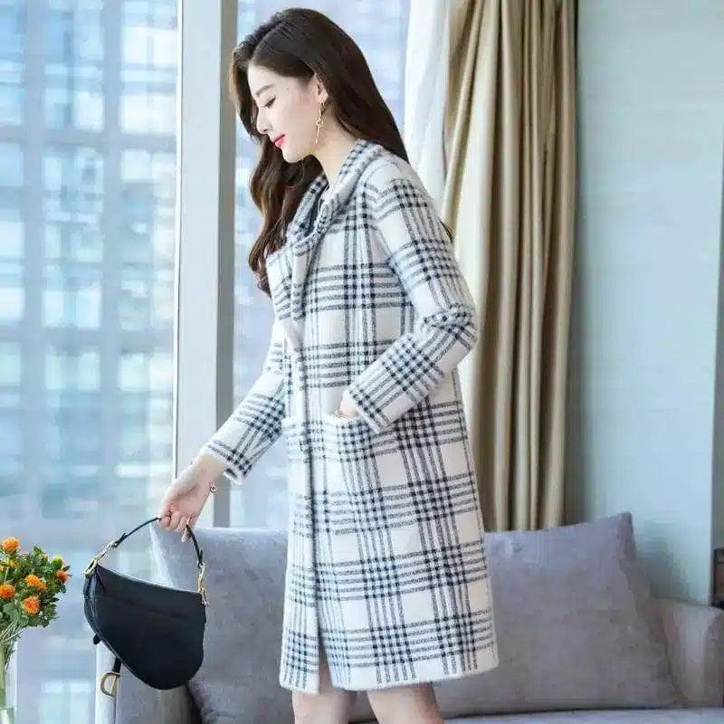 Winter Plaid Long Coat for Women-Black-2