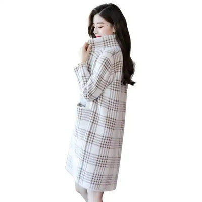 Winter Plaid Long Coat for Women-Khaki-3