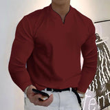 Male Fashion Casual Solid Color V-neck Long Sleeve Shirts-Wine Red-3