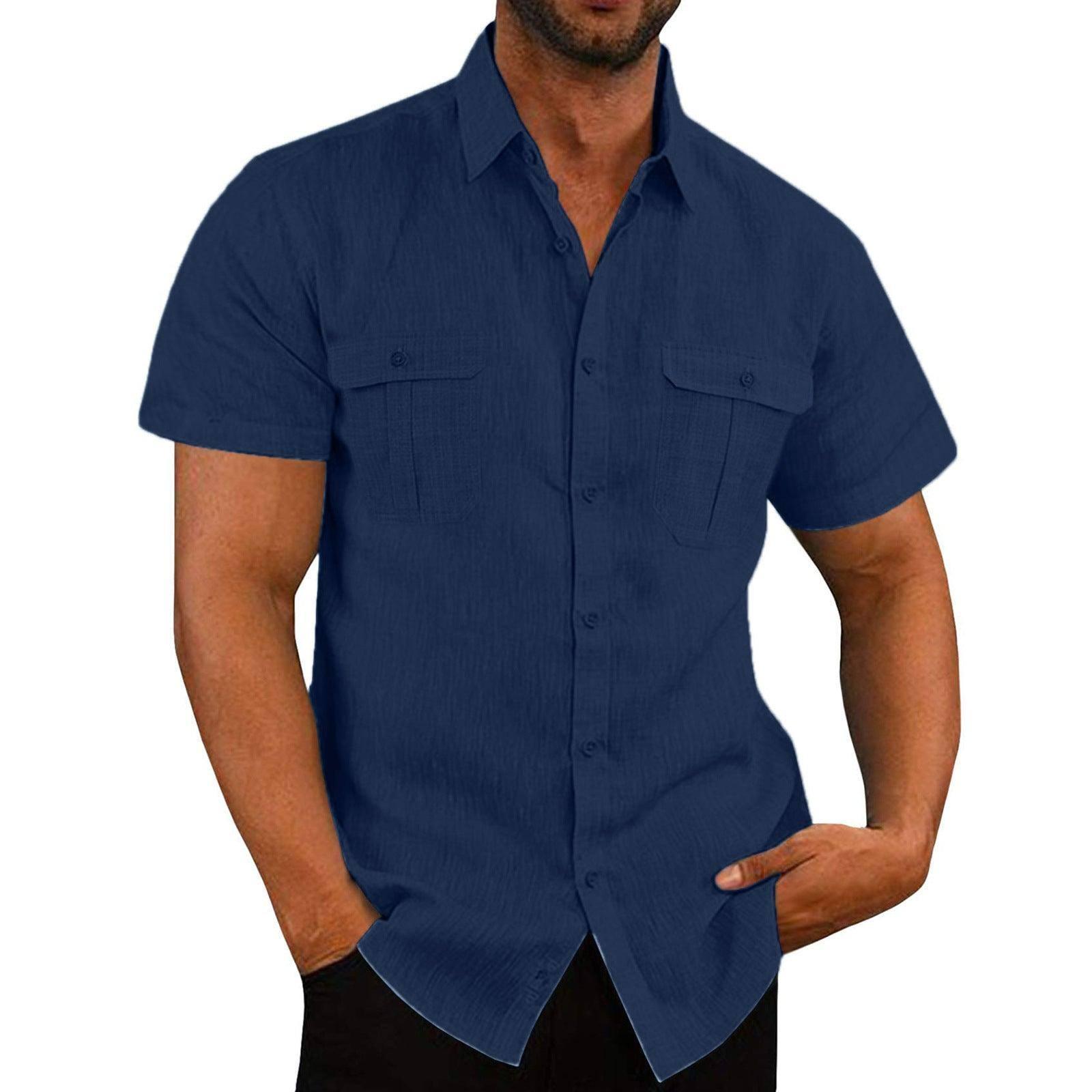 Men's Button Short Sleeve Shirt Summer Casual Double Pocket-Navy blue-6