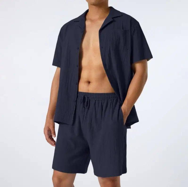 Men's Fashion Loose Casual Men's Shirt Two-Piece Set-Navy Blue-5