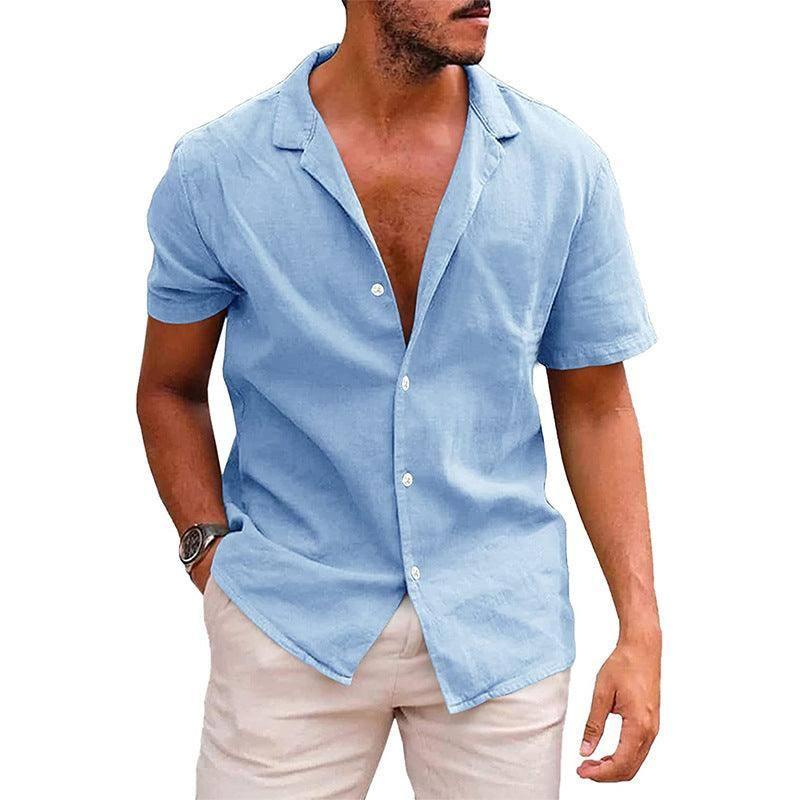 Men's Tops Casual Button Down Shirt Short Sleeve Beach Shirt-Sky blue-8